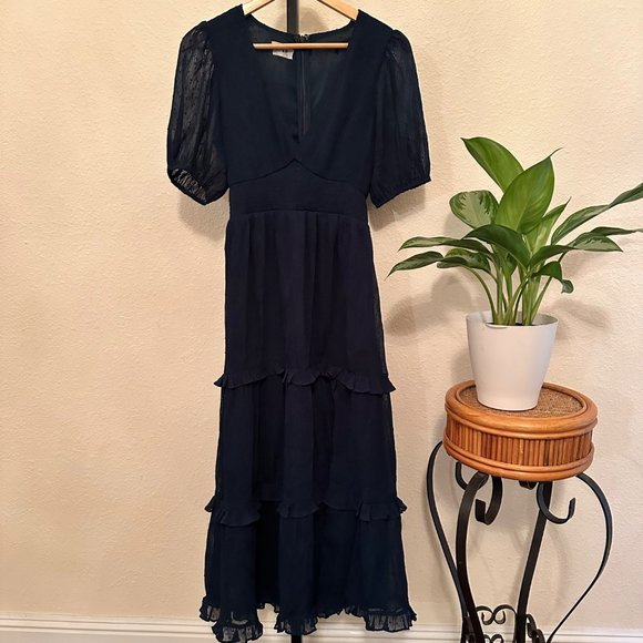 Lulus Forest Dark Green Ruffle Tiered Maxi V Neck Dress Size XSmall Events - Picture 1 of 10